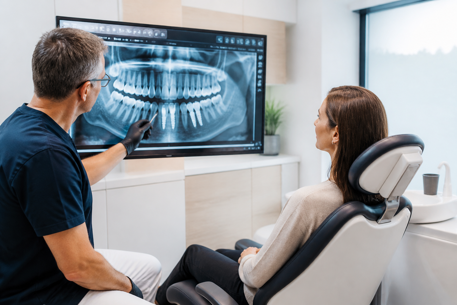 Tannlege vurderer digital røntgen av kjeve ved implantatkonsultasjon hos Lillestrøm Tannhelse